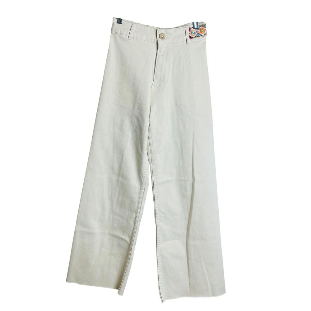 Desigual Jeans Womens 34 US 2 Off White High Rise Wide Leg Embroidered Raw Hem